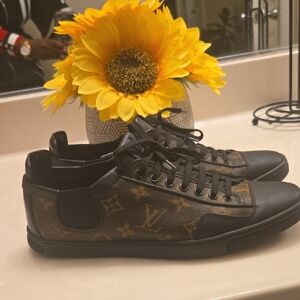 Louis Vuitton Monogram Black and Brown Sneakers (Men's size 8; 9.5 for a woman).